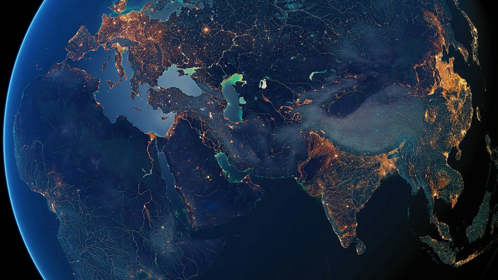 Globe view showing Earth's complete water systems at 20,000 pixel resolution