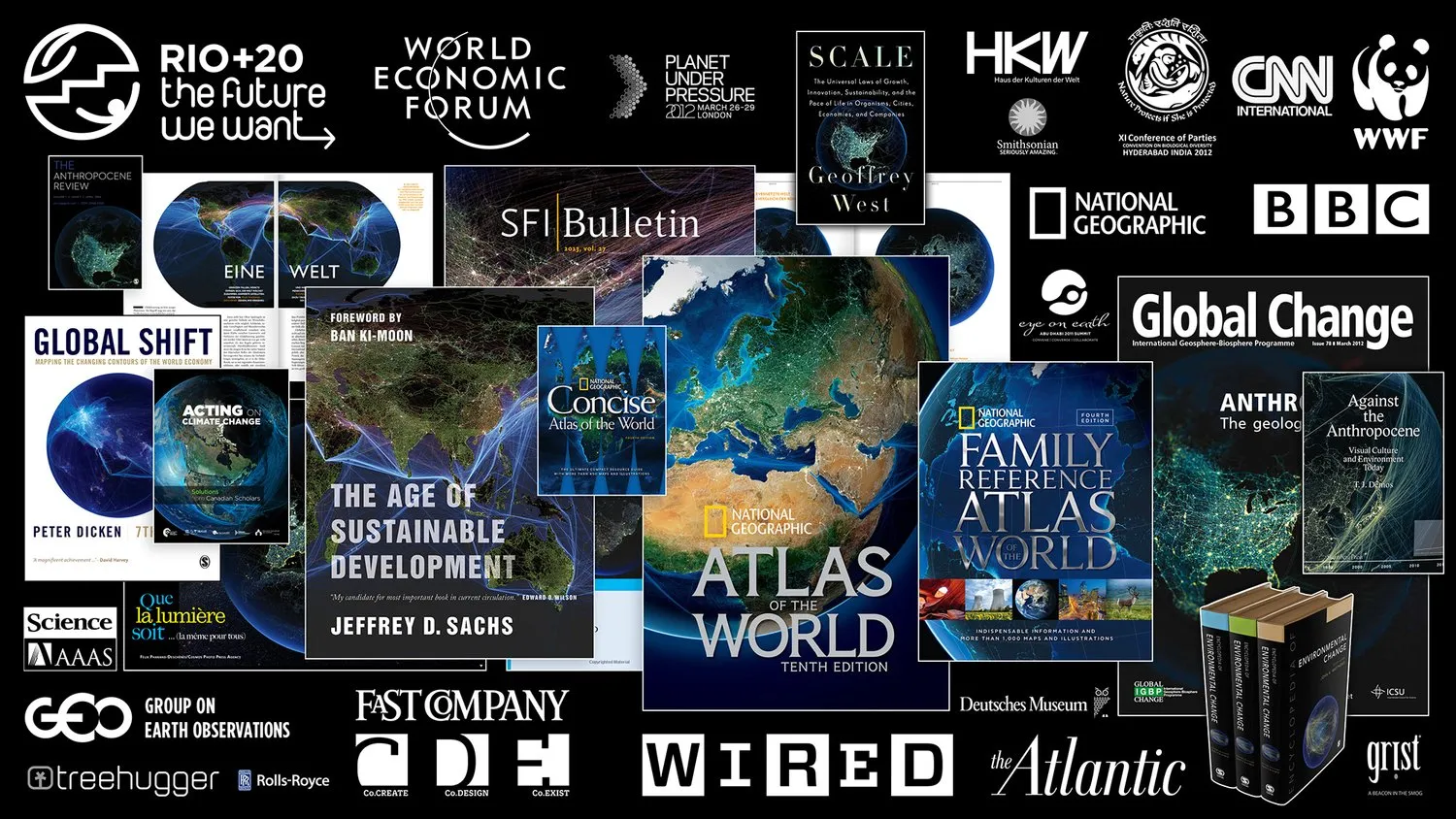 A collage of international media coverage featuring Globaia's Anthropocene visualizations