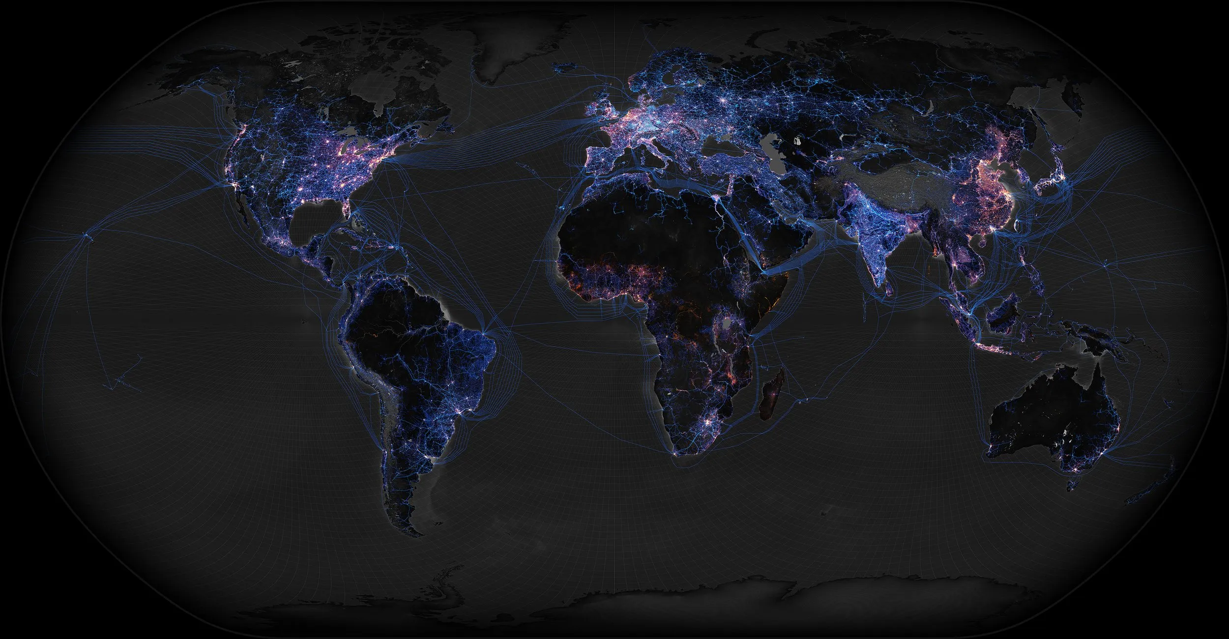 The technosphere — transmission lines, submarine cables and data centres drawn as one network