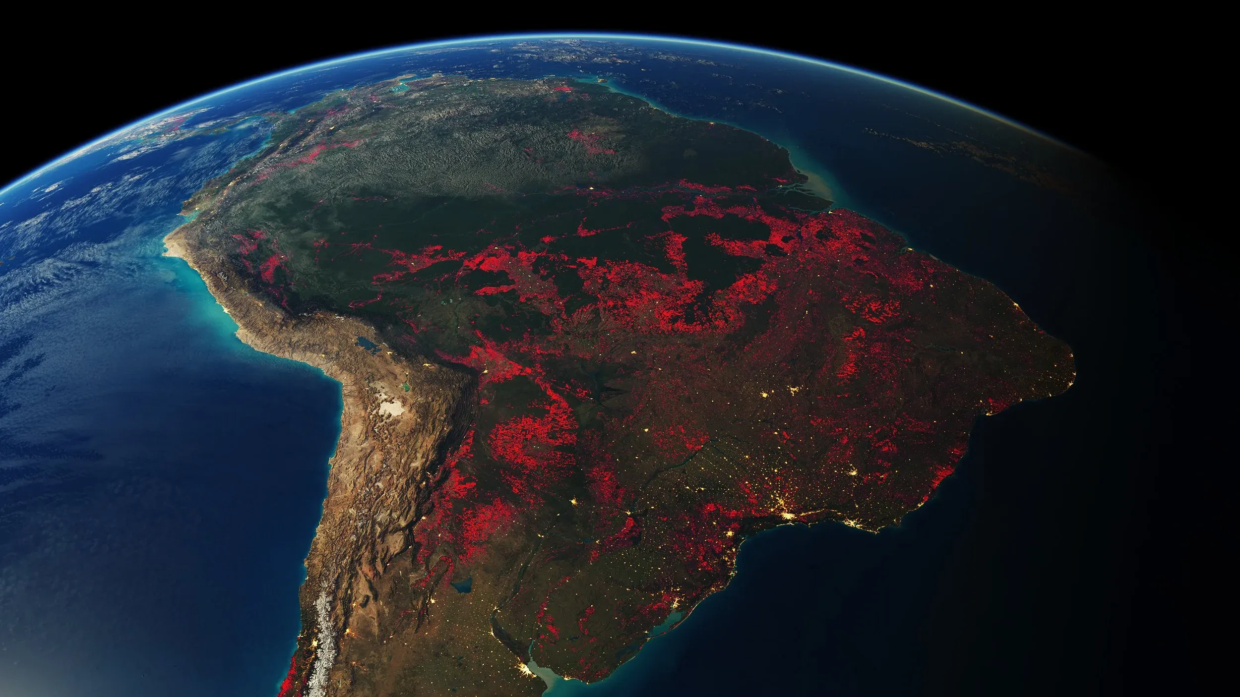 Deforestation between 2000 and 2021 shown in red
