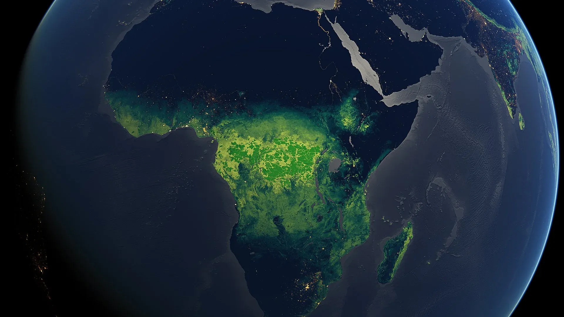 Intact forests shown as darker green patches, especially in Central Africa