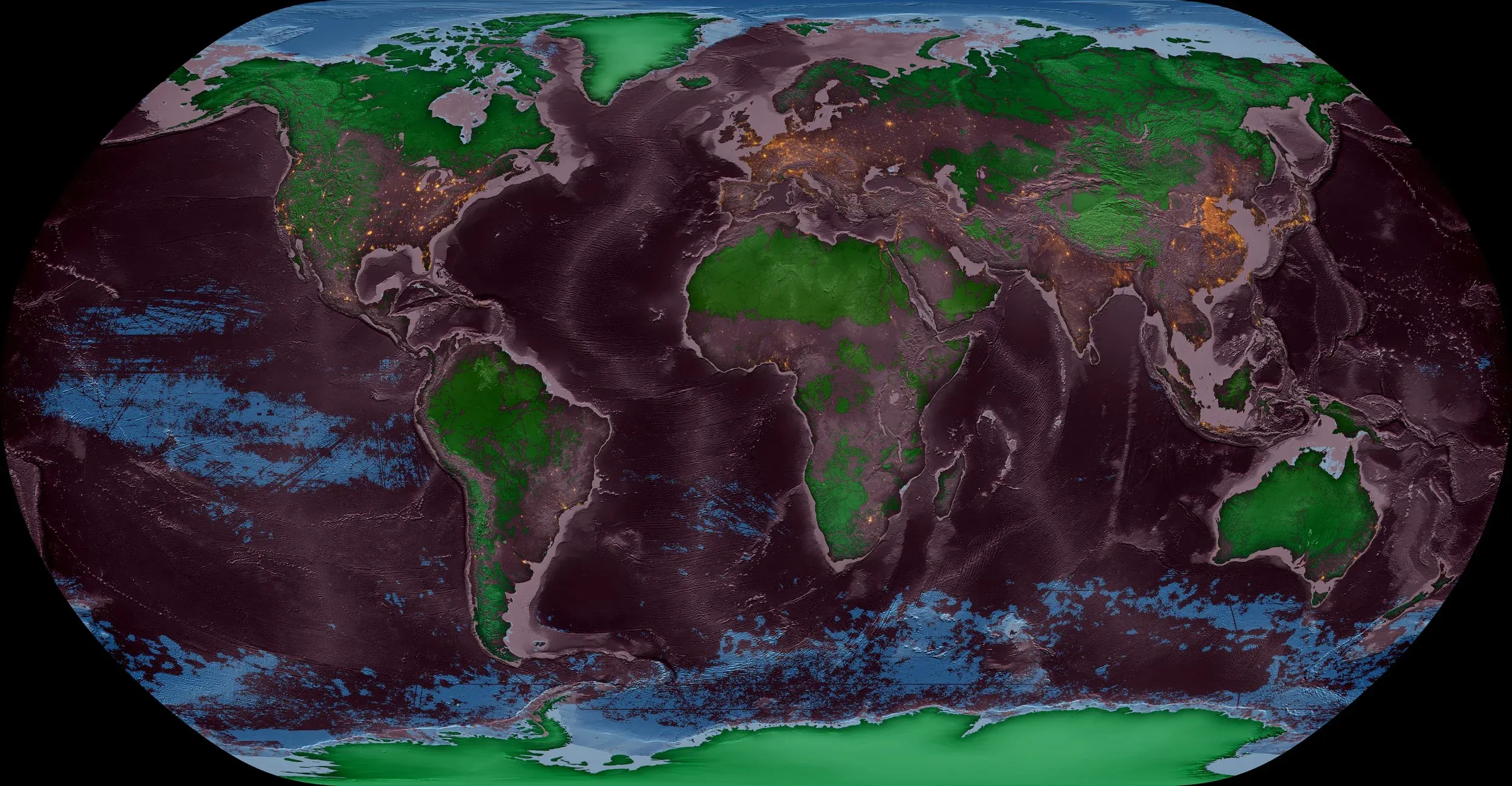 Wilderness areas - marine in blue, terrestrial in green