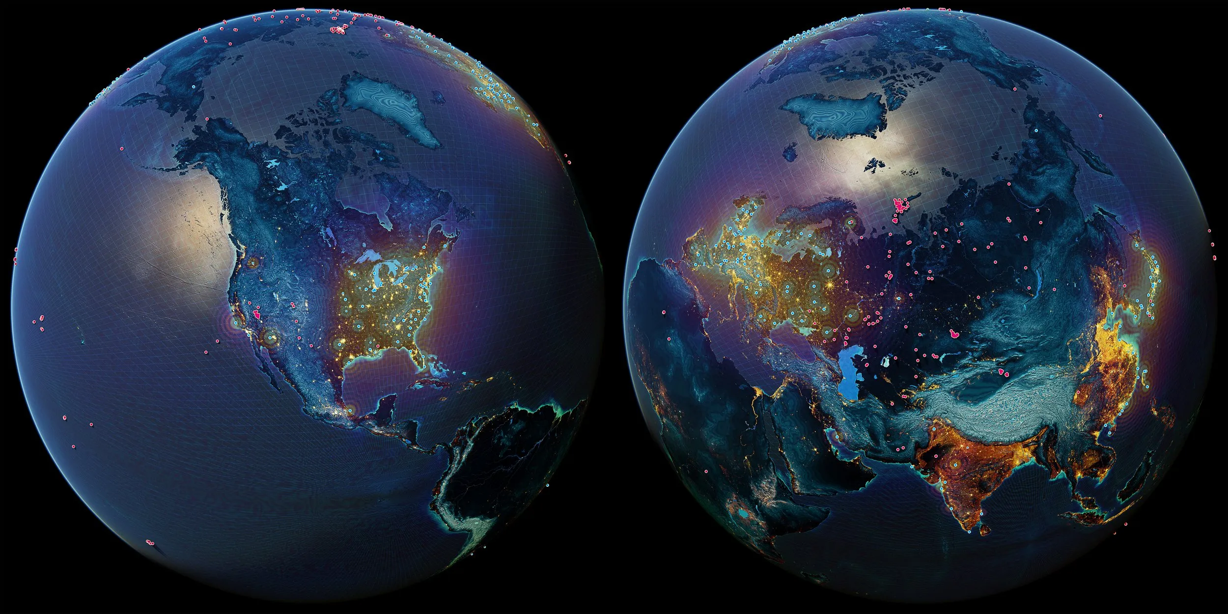Globe showing locations of all nuclear detonations in history