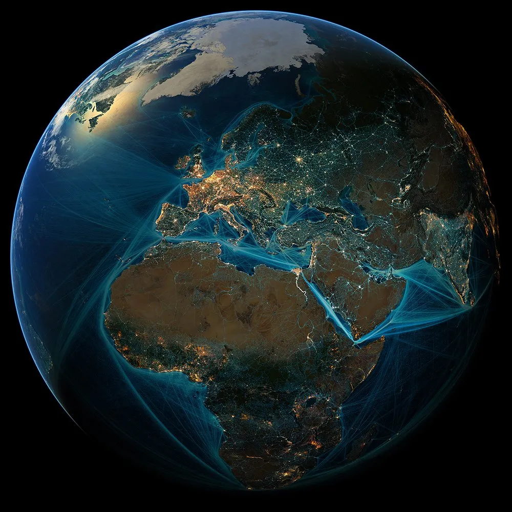 Global visualization of human footprint including city lights and transportation networks