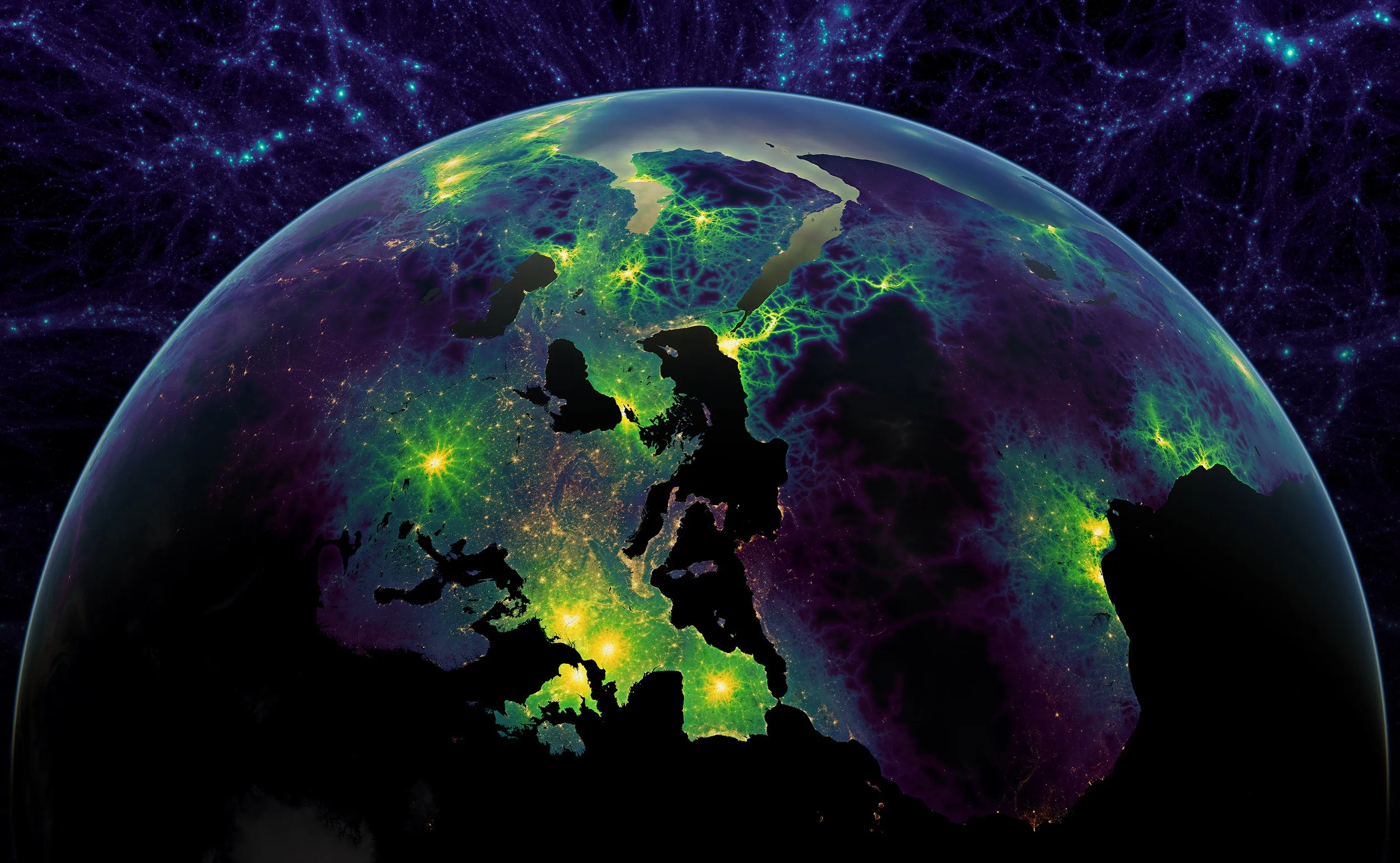 Earth at night showing global city lights forming a single interconnected civilization