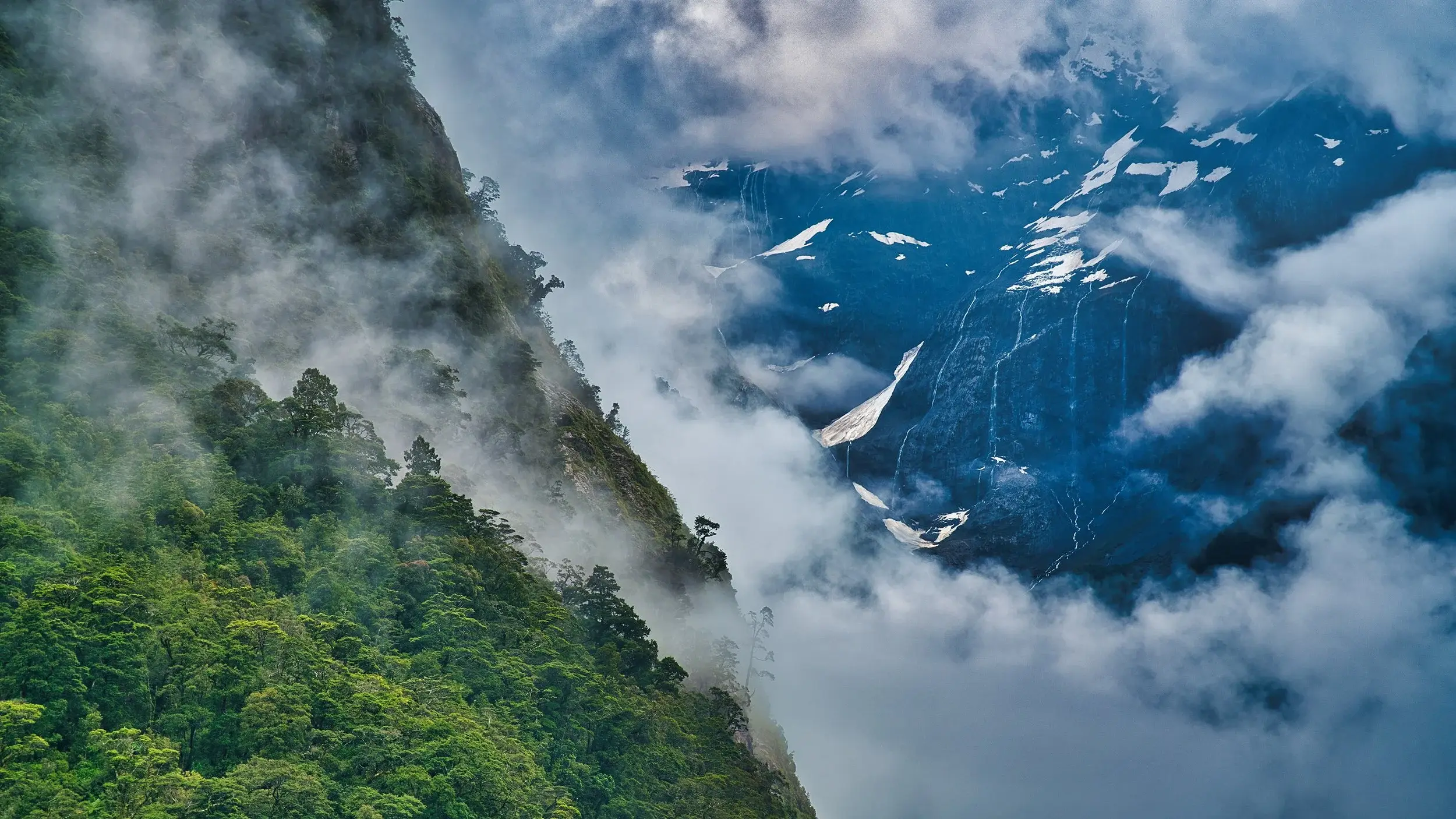 Misty mountain landscape with lush forests and glacial peaks