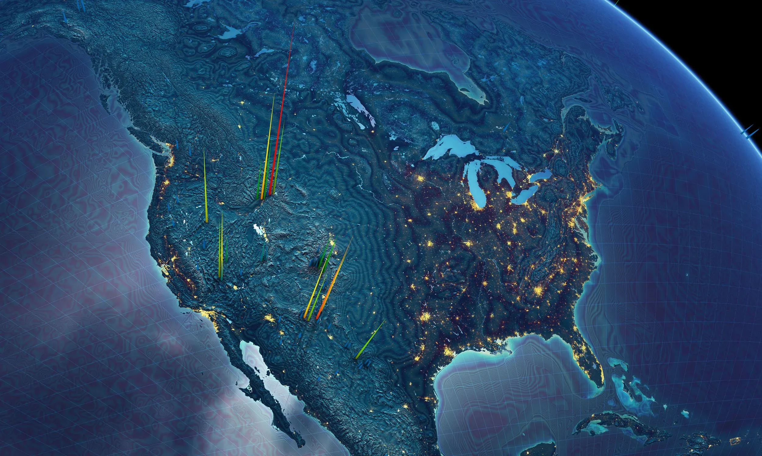 Volcanic calderas drawn as spikes, Yellowstone and Long Valley among them