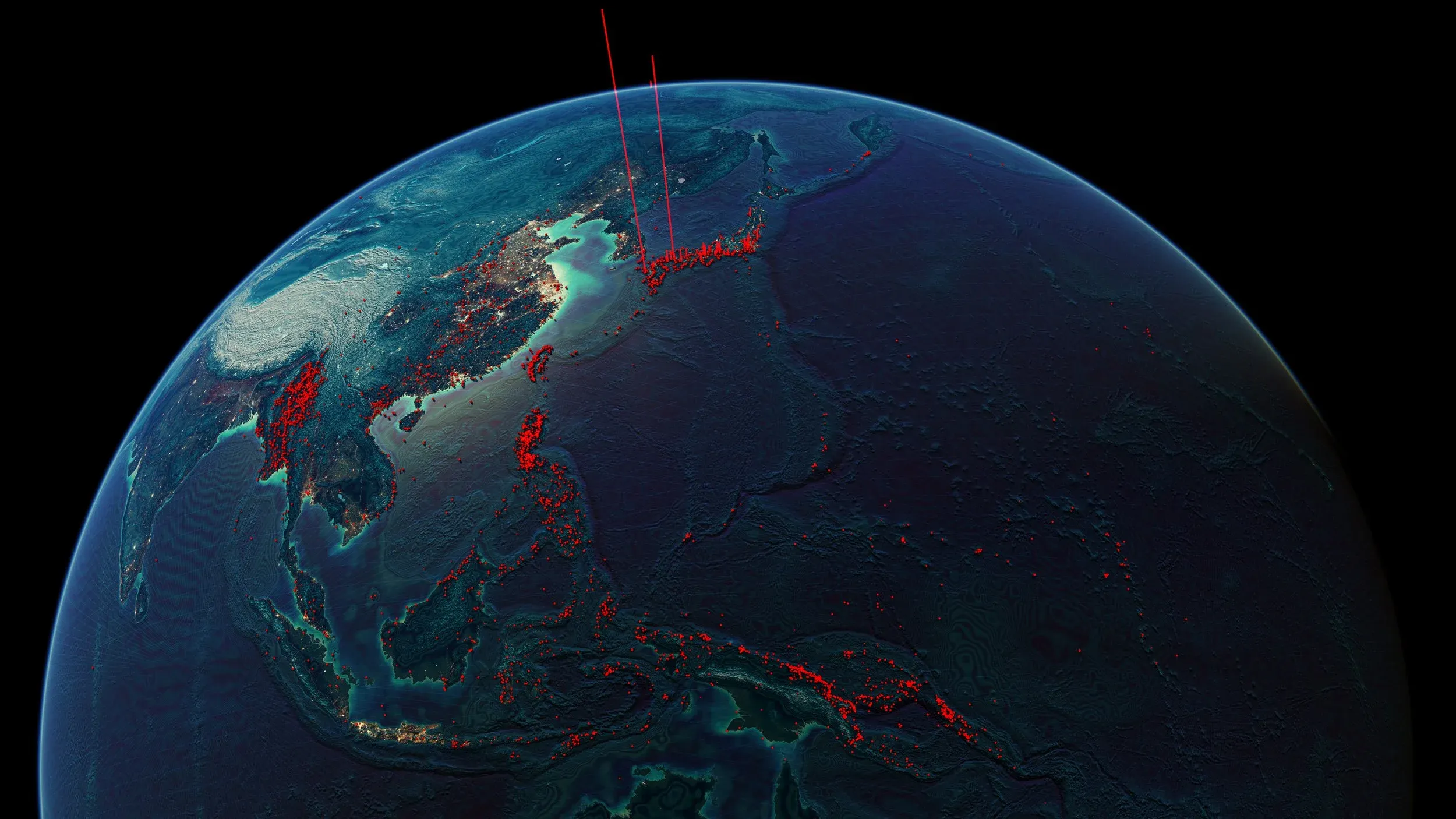 Allied bombing operations of the Second World War, mapped as spikes across the Pacific