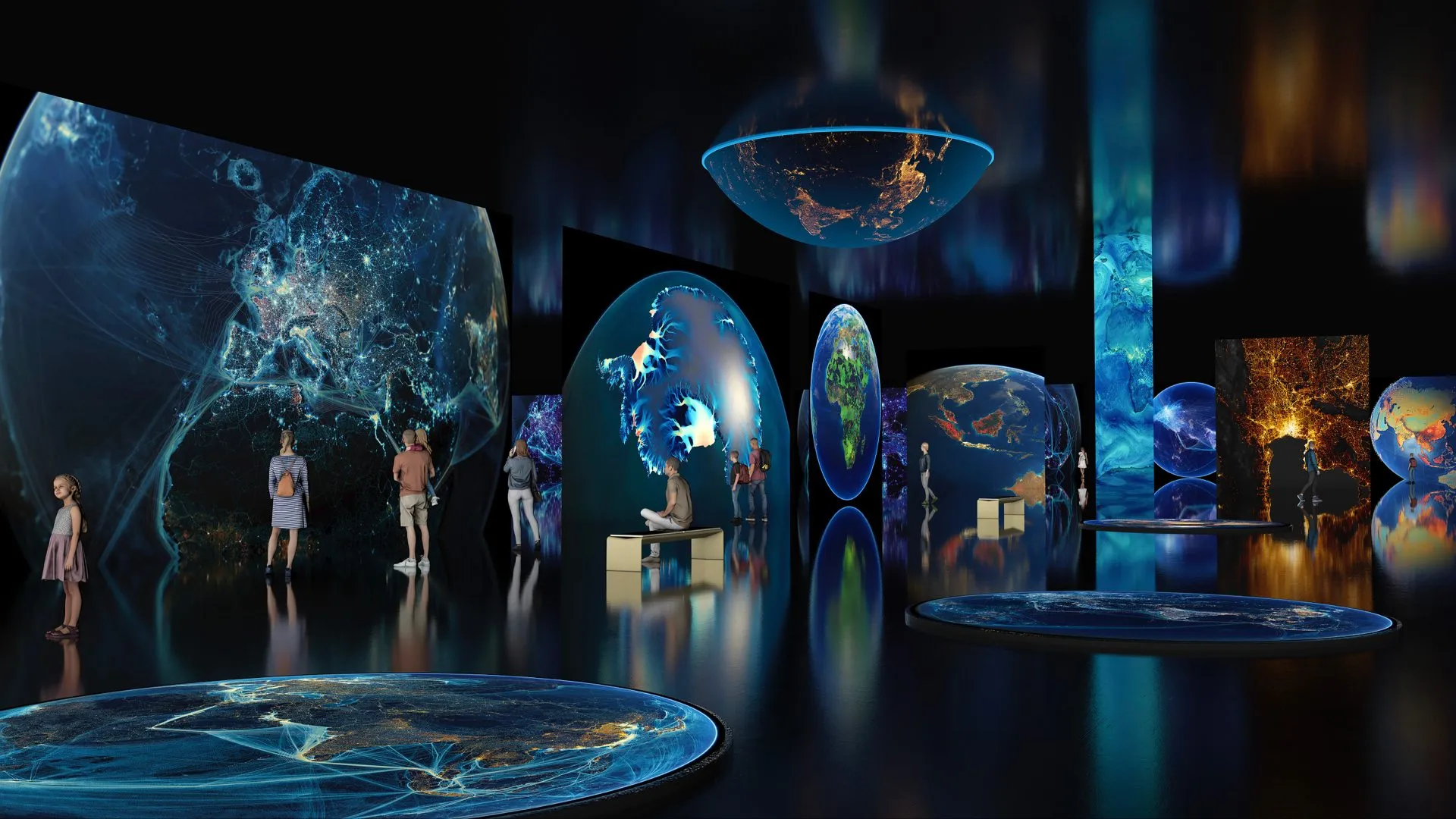 Geophanies full exhibition — immersive room with globe installations, backlit panels, and visitors