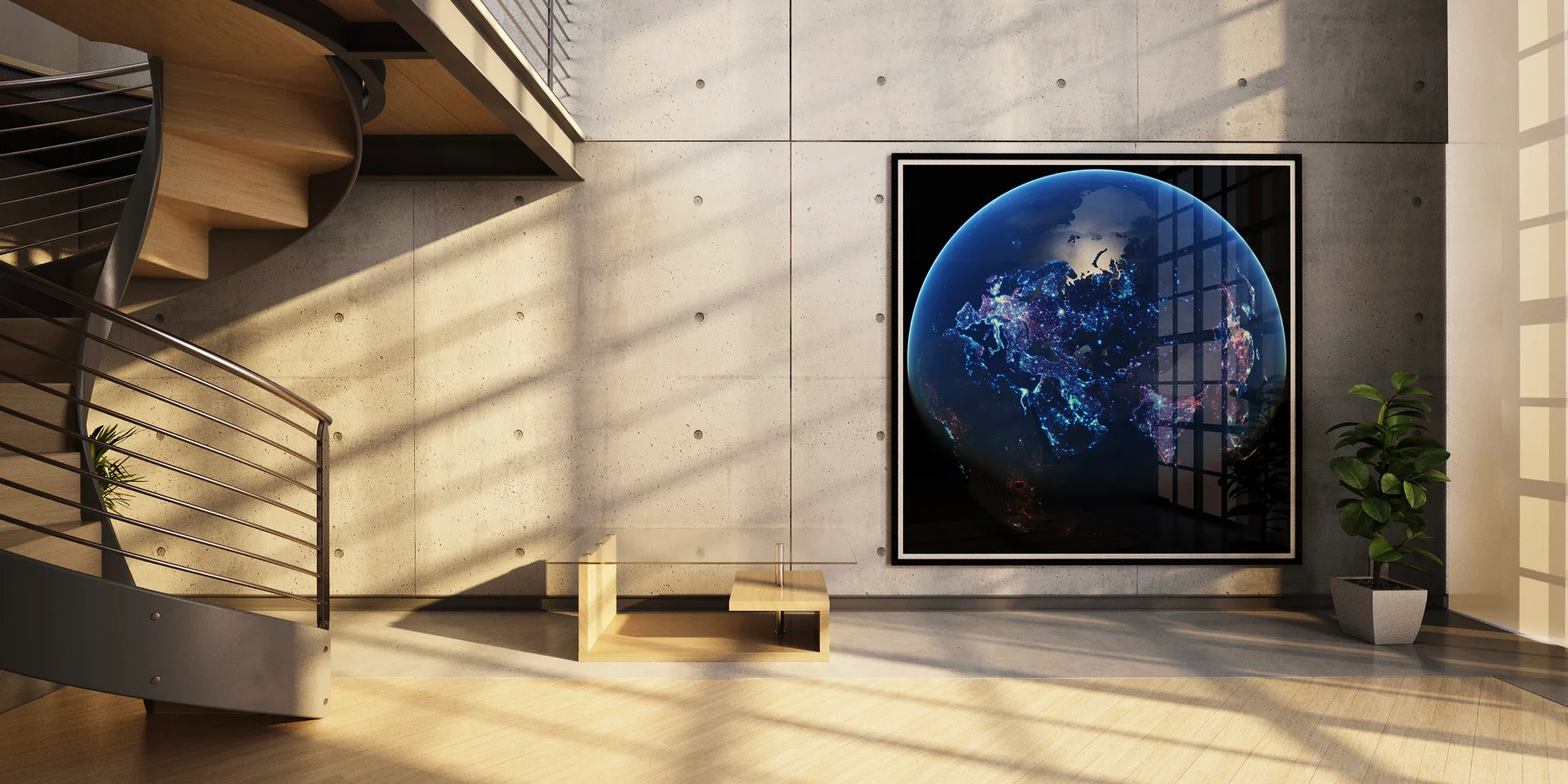 Large framed globe artwork displayed on a concrete wall in a modern architectural interior with spiral staircase and natural light