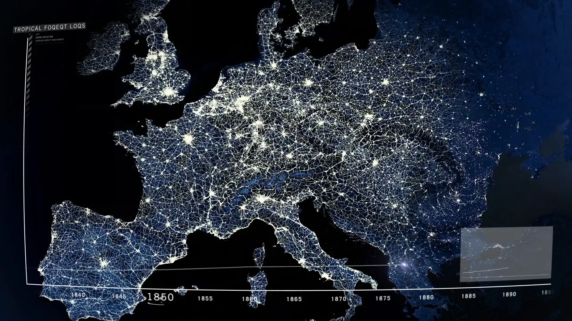 Film still — Europe lit up by infrastructure networks, tropical forest loss overlay, circa 1860–1900