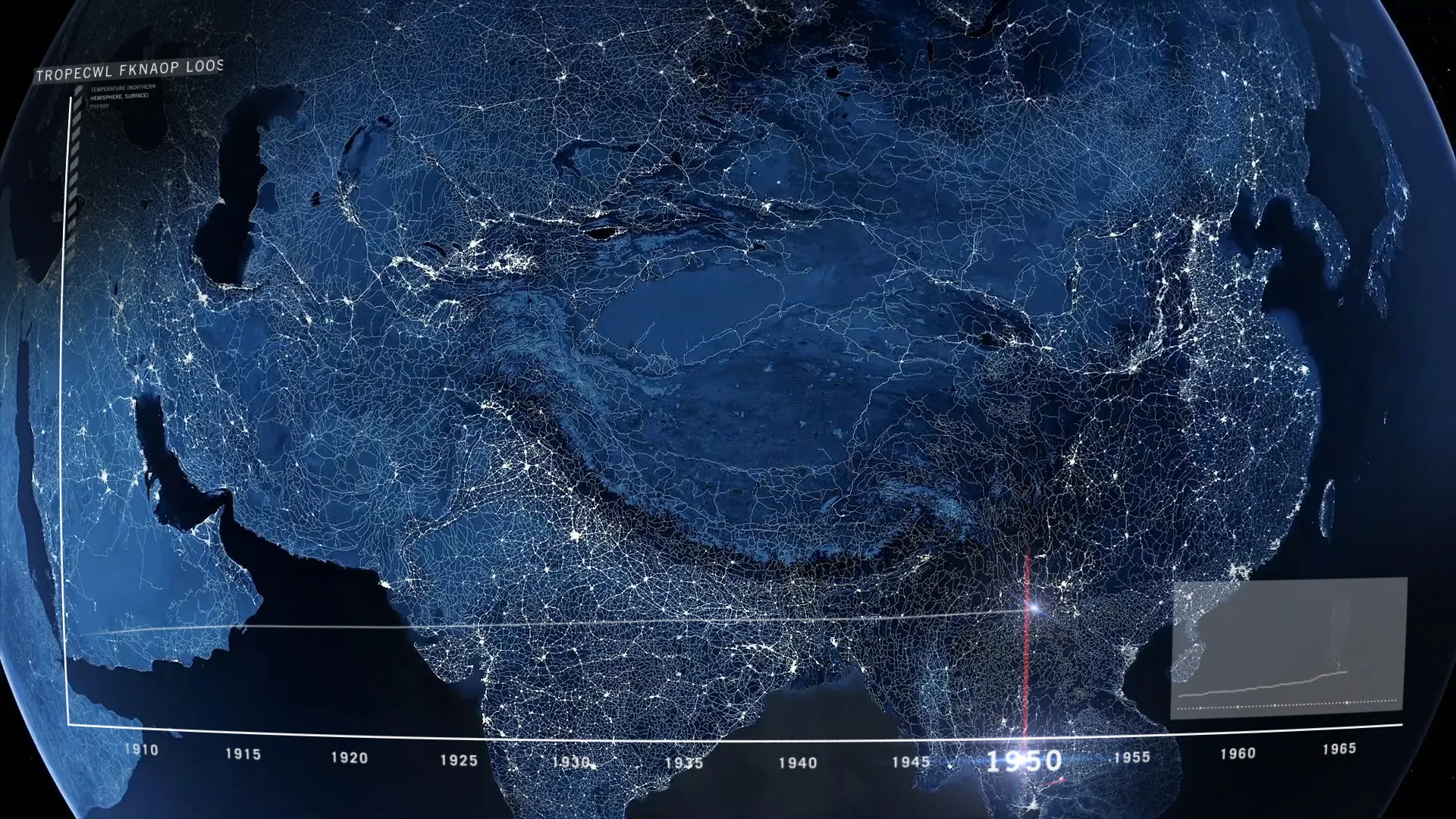 Film still — Eurasia globe showing network connections and human activity, tropical forest loss data, 1950
