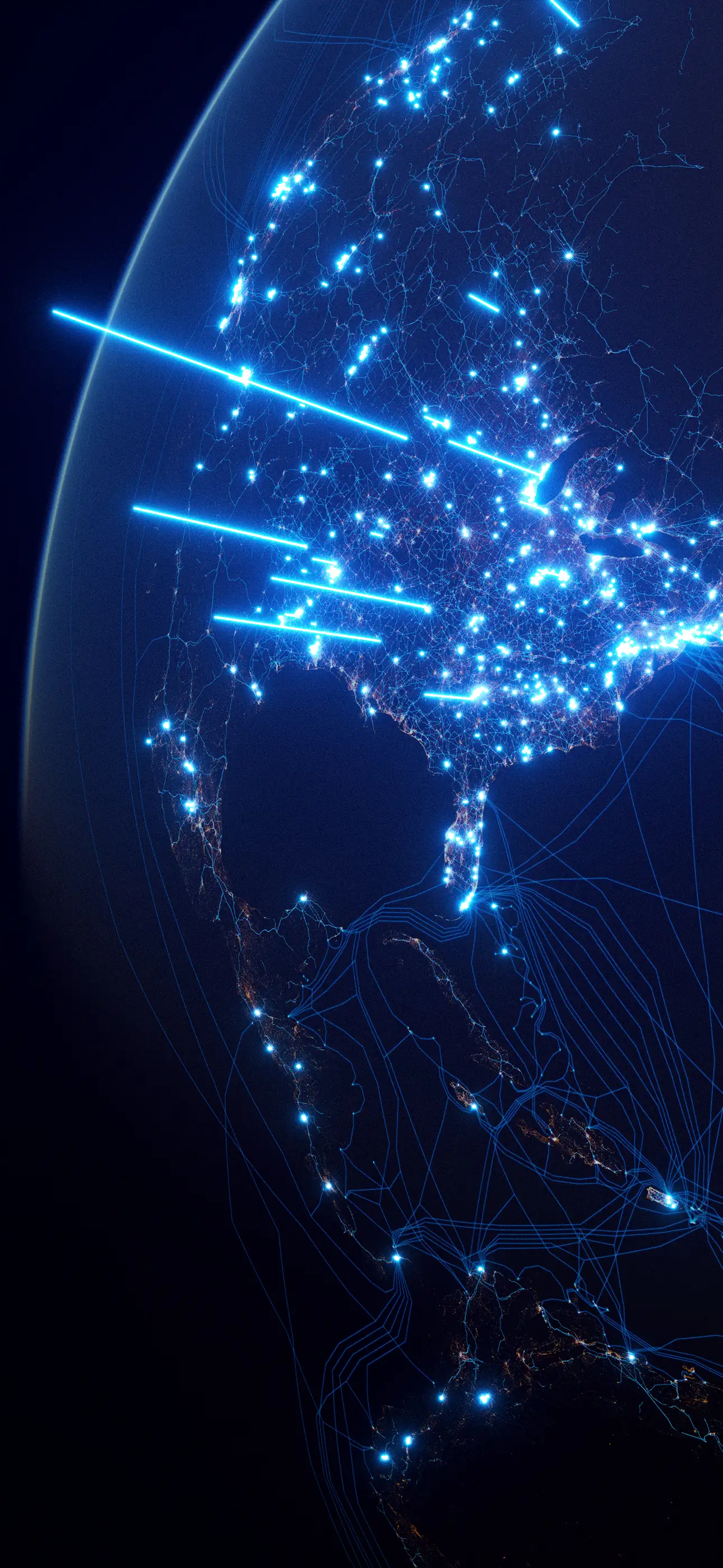 A glowing blue Earth at night with North America lit by data-center networks