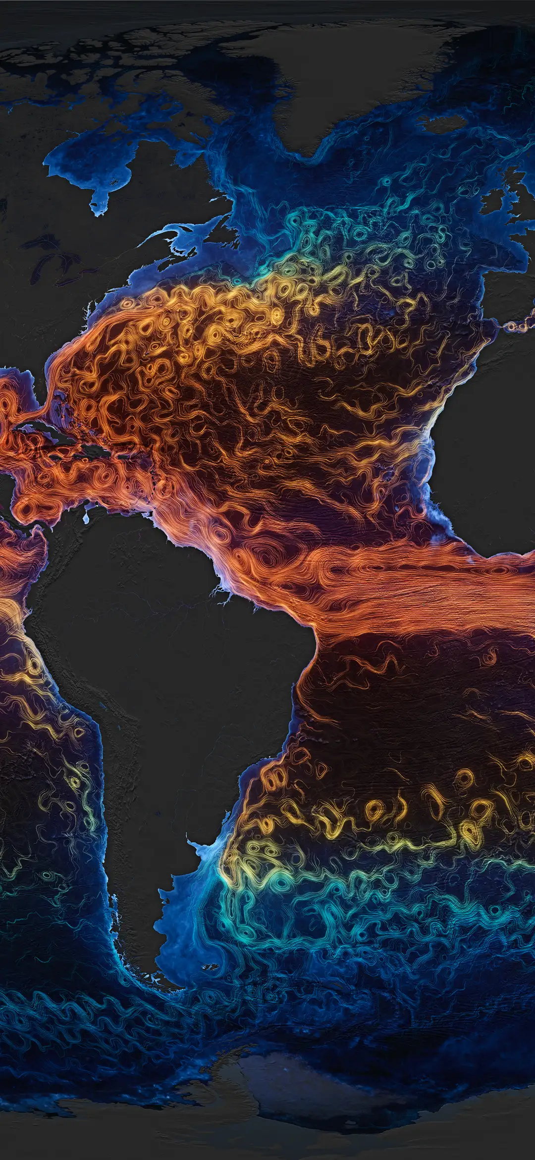 The Atlantic's overturning currents traced as glowing warm-and-cold flow lines across the ocean