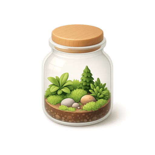 A terrarium under glass — nature reduced to a contained ornament, a stand-in for urban life's mediated relationship with the biosphere.