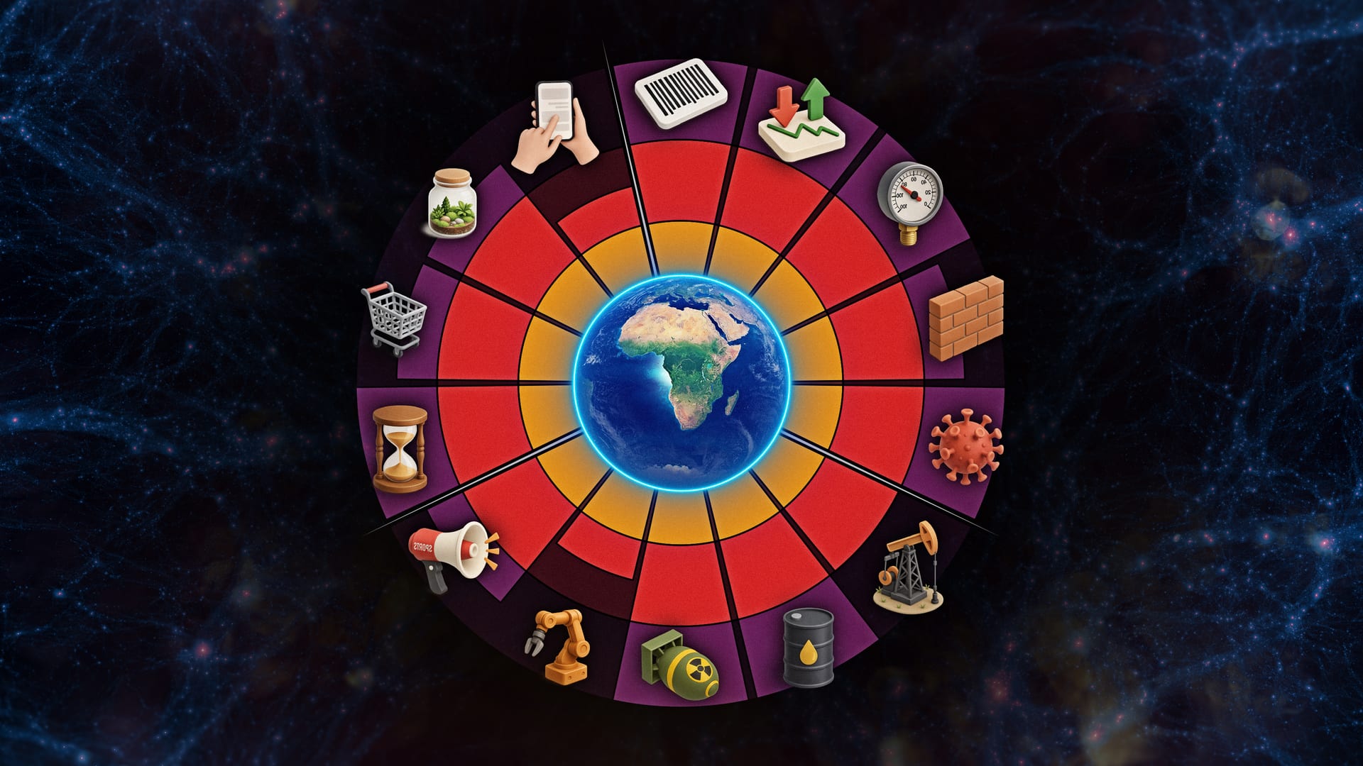 The 14 Anthropocene traps as a wheel of icons around Earth