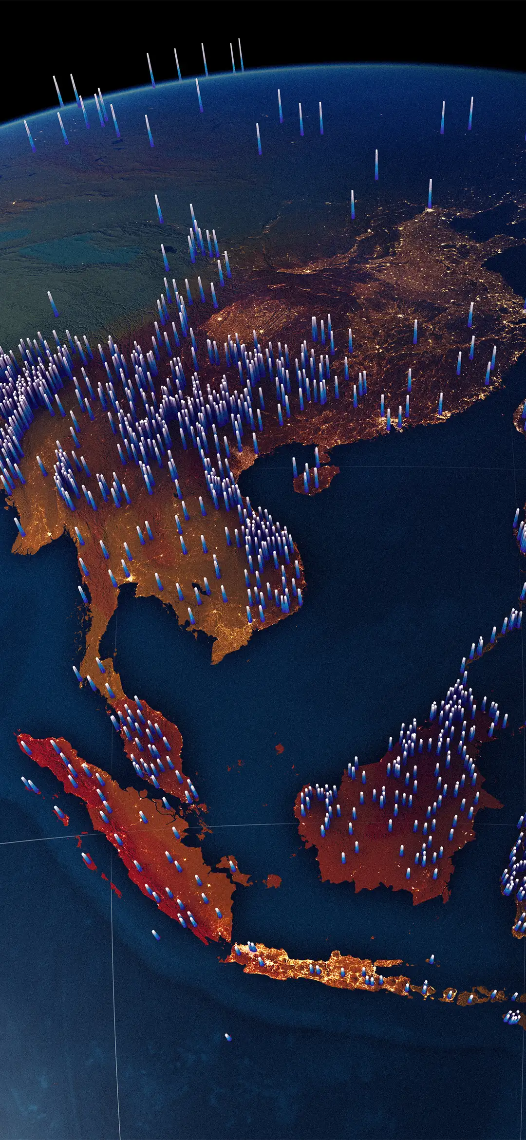 Southeast Asia from orbit at night, with glowing blue spires marking the density of living languages