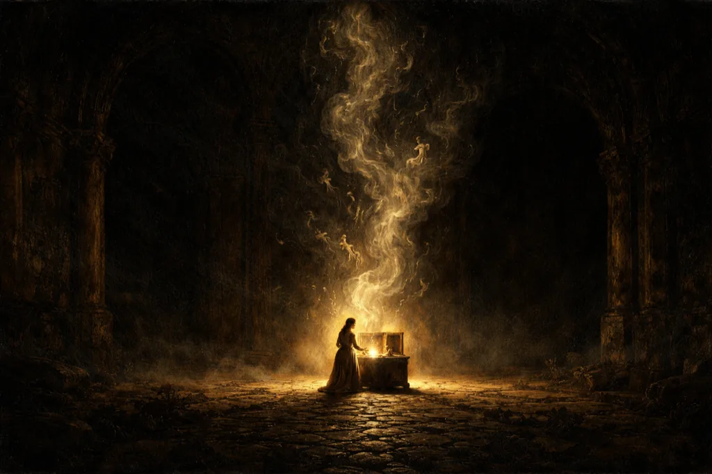 Pandora opening the jar, releasing afflictions that cannot be recalled