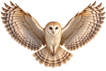 A barn owl in flight, wings spread wide