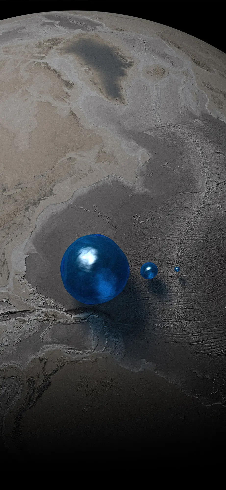Earth with its water drained away, beside the blue spheres holding all of its water by volume