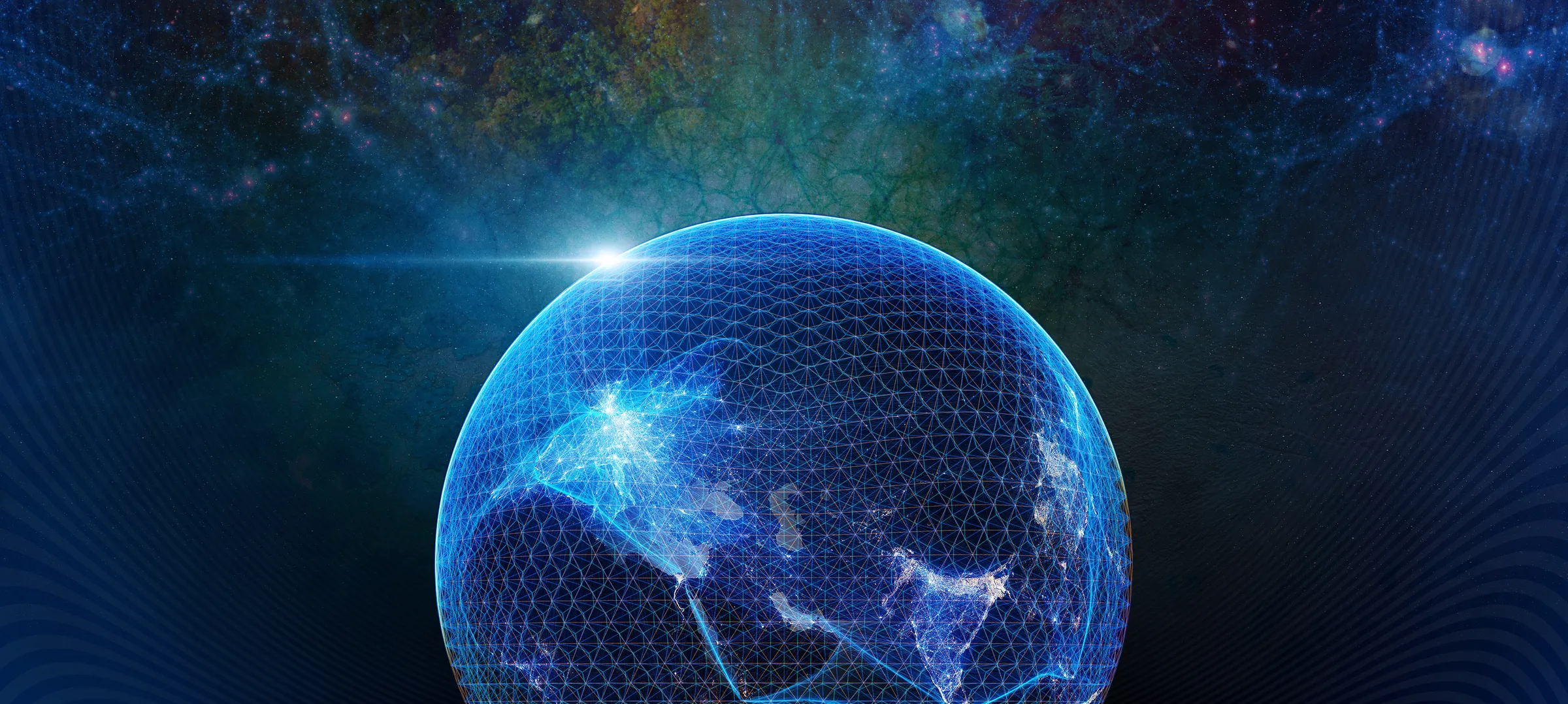 A geodesic dome glowing over a darkened Earth, its lattice filled with city lights and flight paths, under a sky of galaxies.