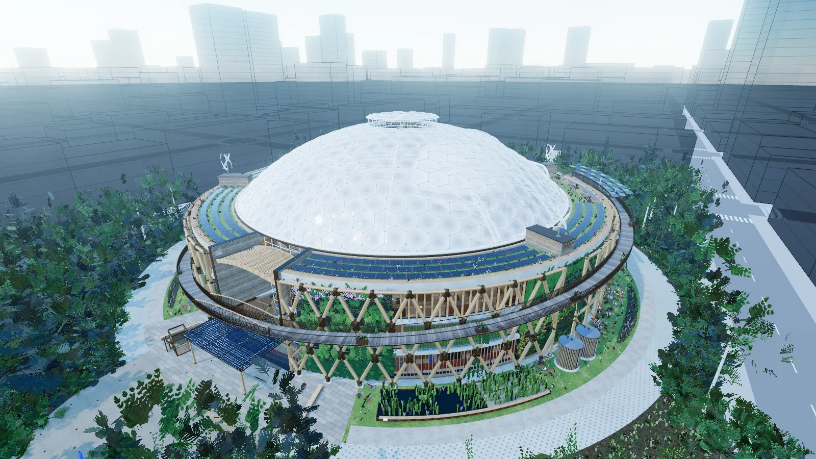 The Centre from above: the young forest round the ring, the court under its winter roof, and the dome at its northern end.
