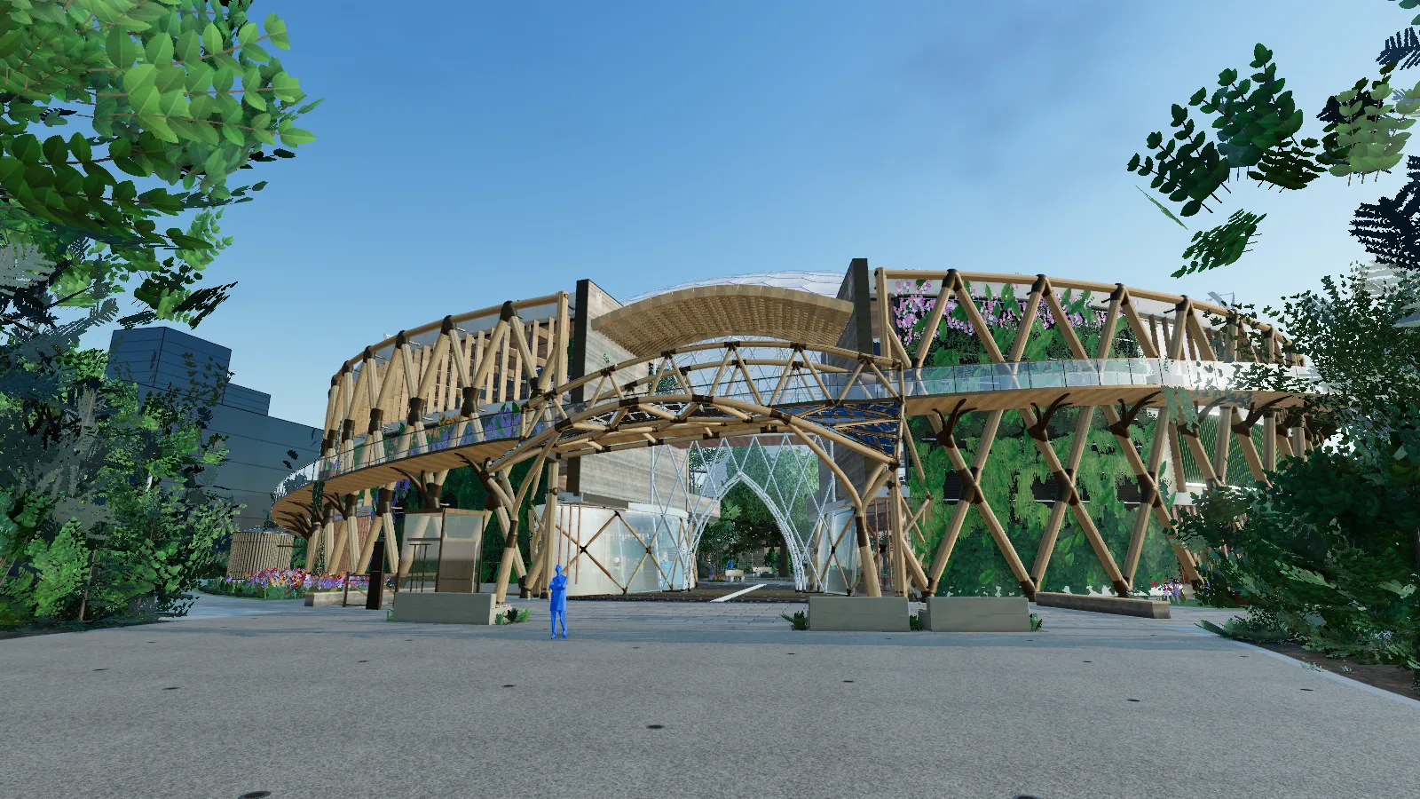 A forest avenue opens onto a ring-shaped building held by a timber diagrid; over its glass entrance, a timber truss bridge and a canopy of solar glass on two bronze tree forks.