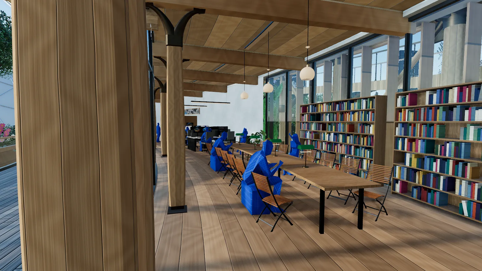 A long reading table beside library shelves on an upper floor, with the dome visible through the glass.