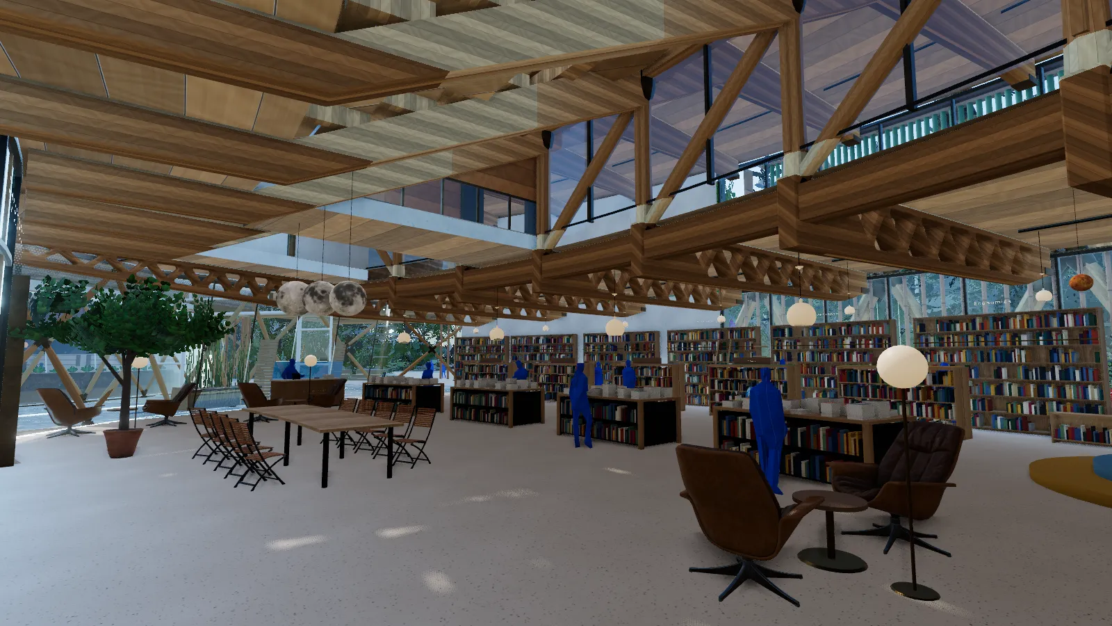 A bookstore under a stepped timber ceiling with rooflights, with shelves, reading tables and suspended planet lamps.