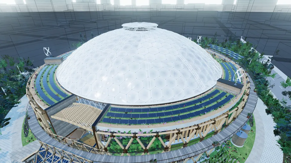The same Centre in a boreal city: a light, cellular canopy covers the whole court, and conifers fill the forest round it.