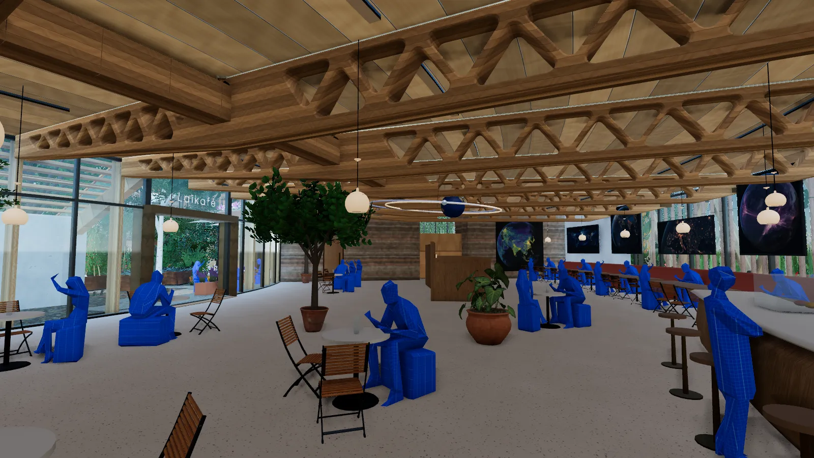 A long café under a timber ceiling, with a ring of light around a small suspended Earth and people at tables.