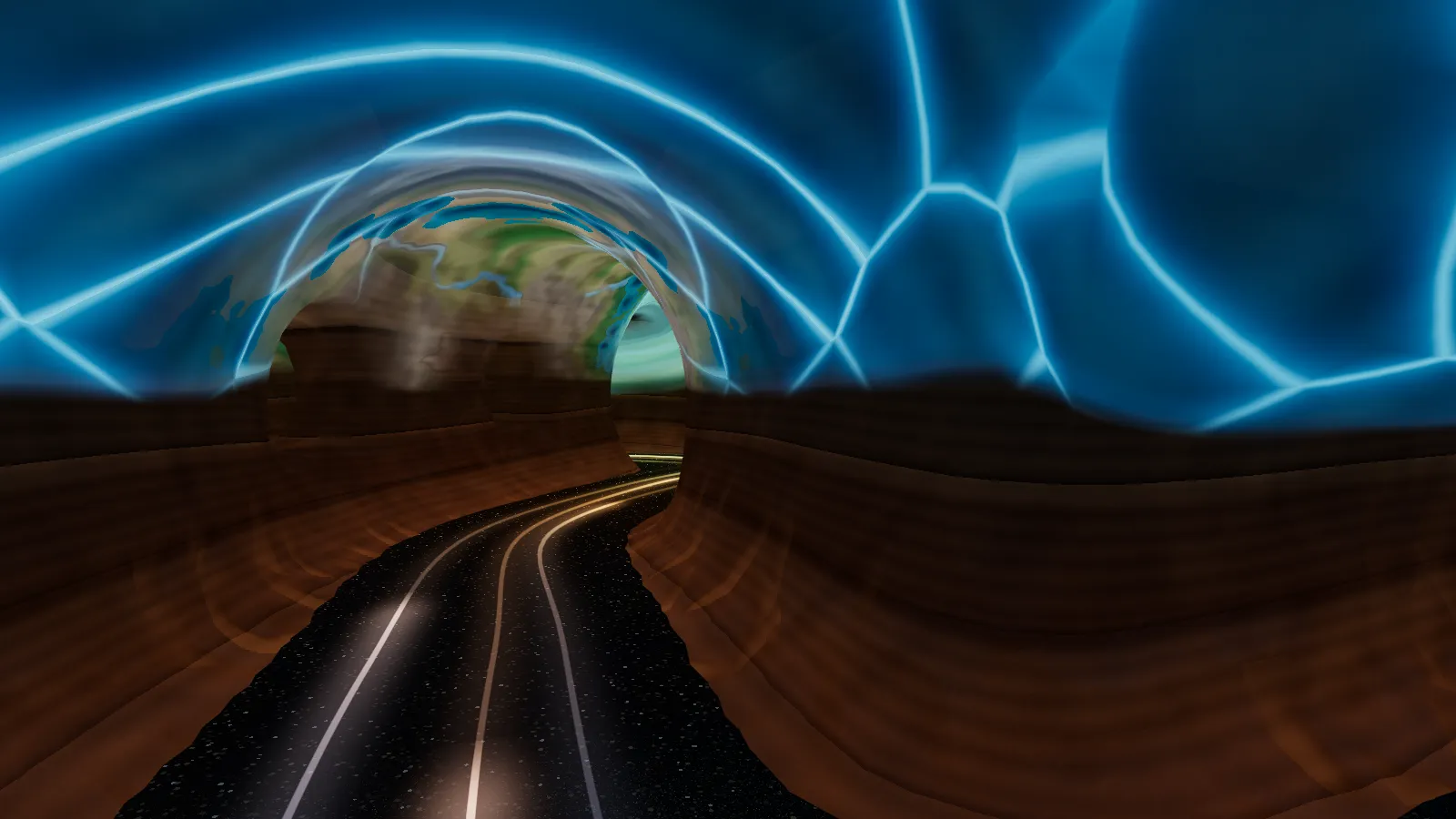 A winding cave passage of warm banded rock under a vault of flowing blue light, opening ahead onto greens and earth colours.