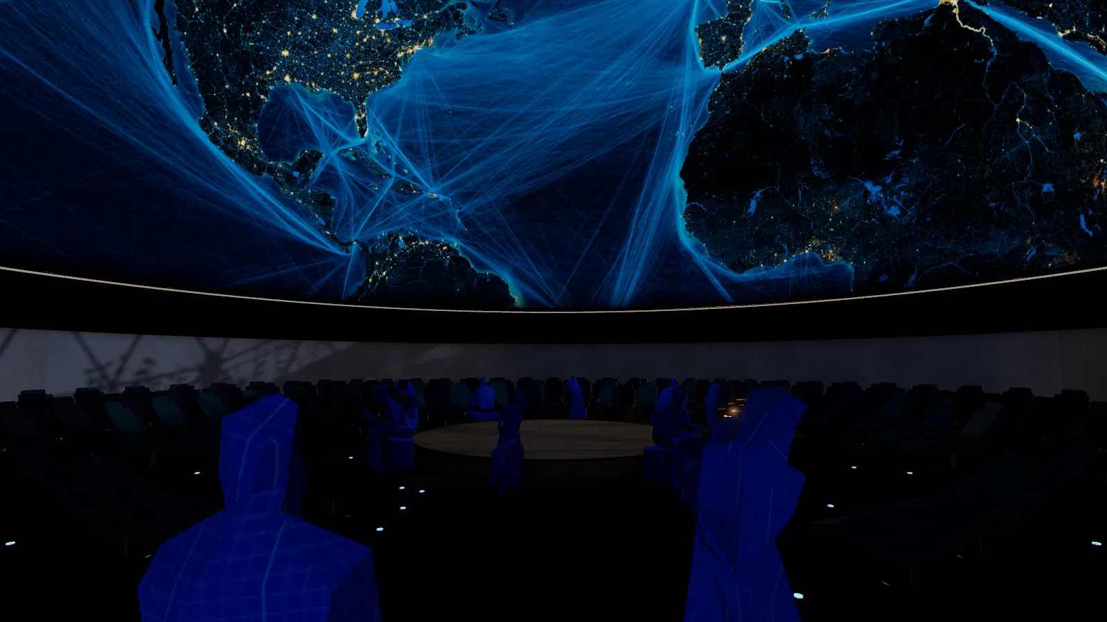 Inside the dome, the audience beneath a projection of the Earth’s shipping routes.