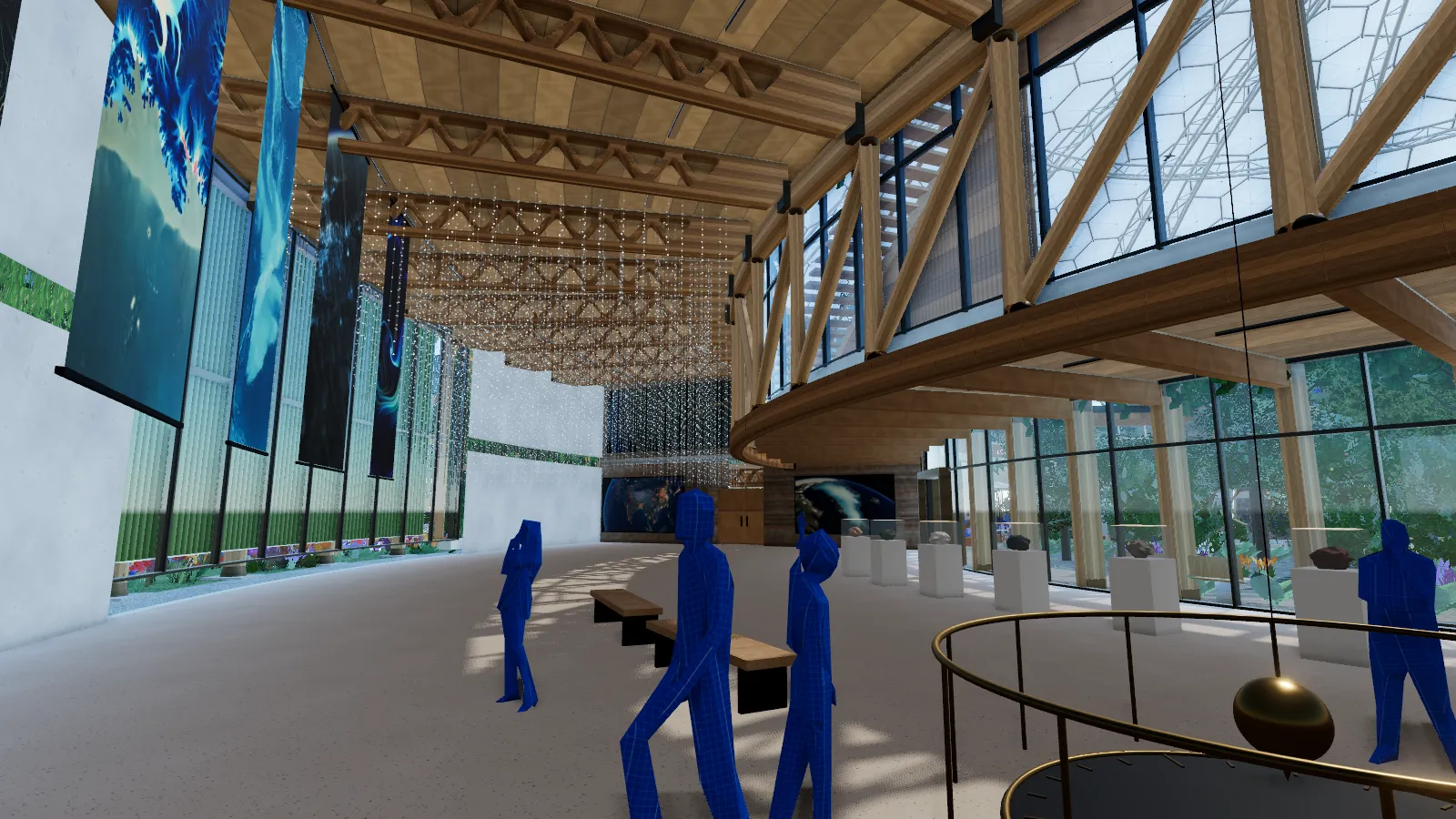 A double-height hall under timber trusses, hung with large planetary images, with visitors.