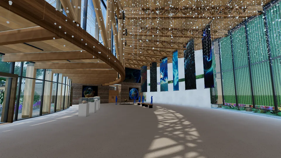 The double-height halls hung with large planetary images under timber trusses.