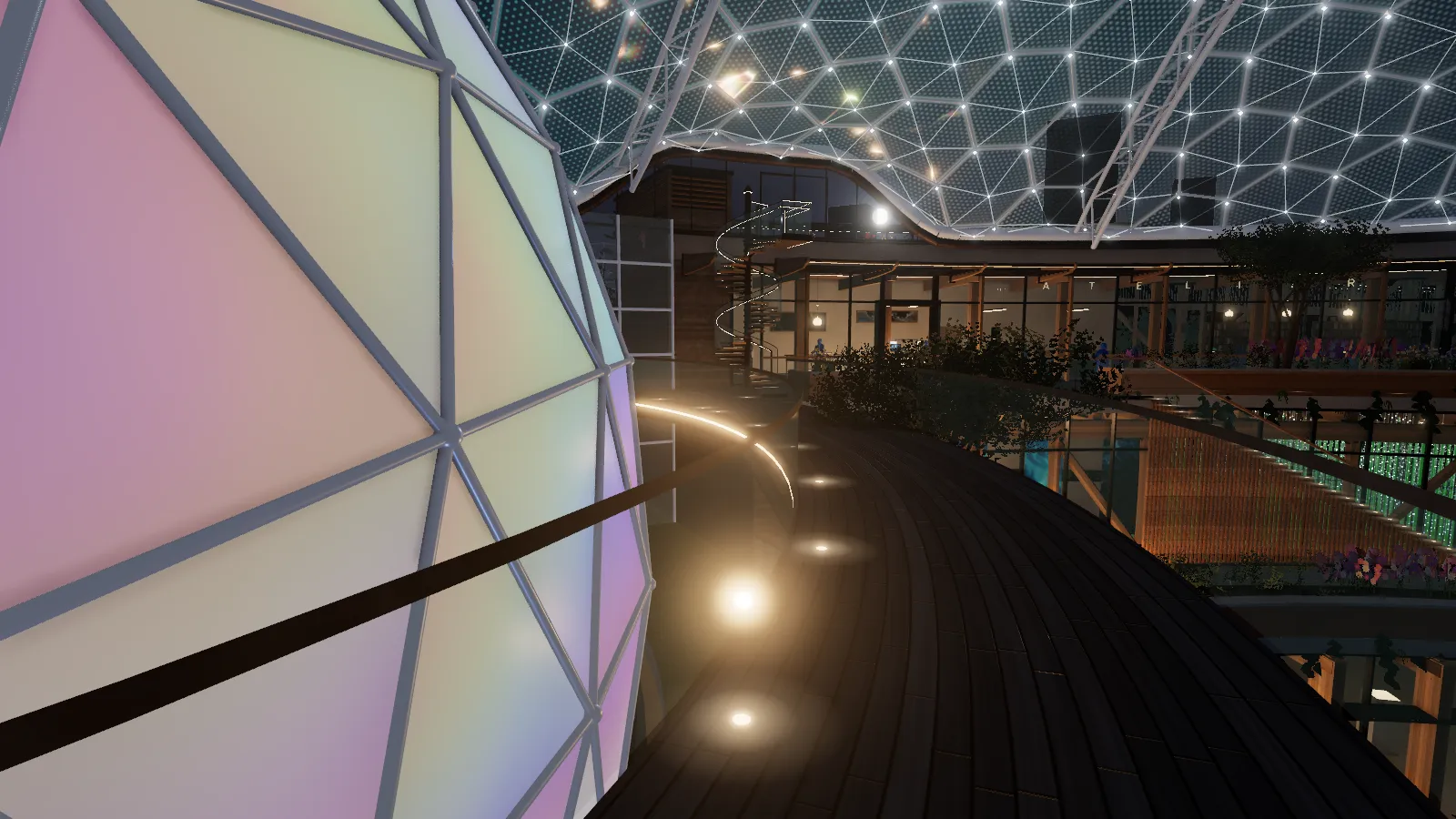 A curved elevated walkway at dusk beside the dome, whose panels glow violet and pink, under the lit winter roof.