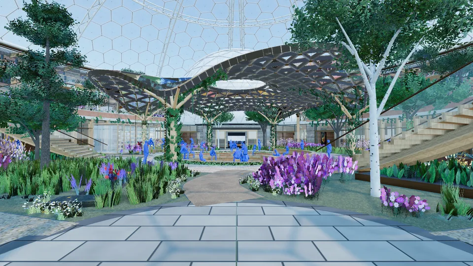 The hearth canopy: a woven canopy of coloured glass on branching columns over a paved ring, in a flowering meadow.