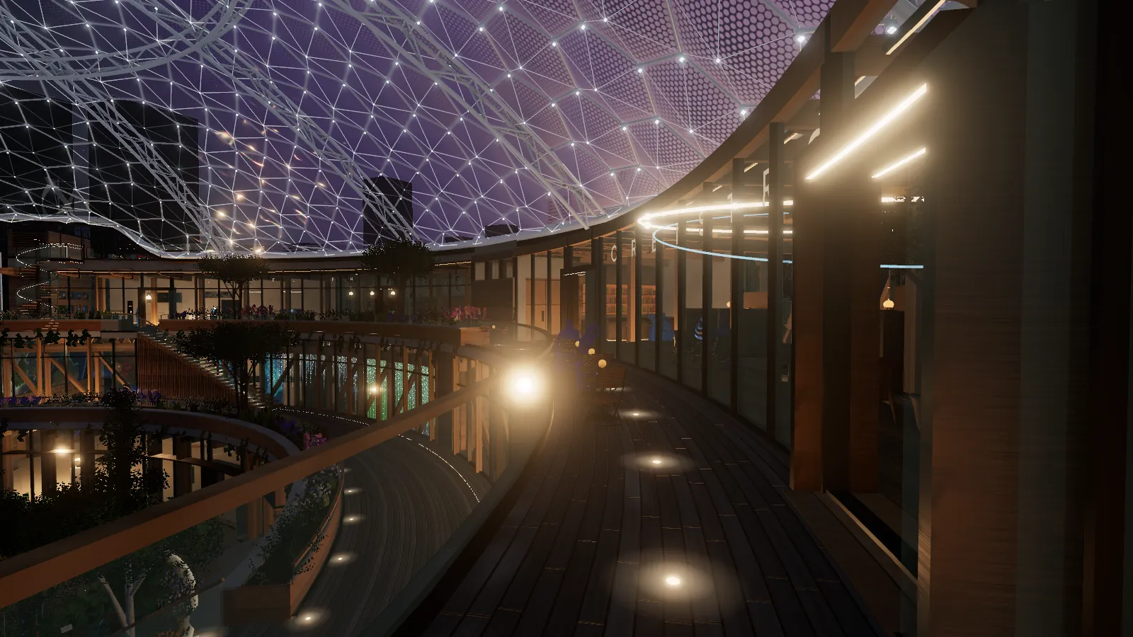 A restaurant terrace at night under the lit winter roof, with diners behind the glass.