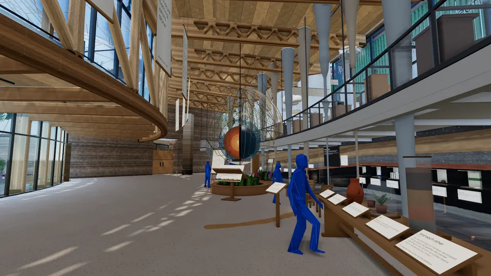 Between Stone and Sky: visitors in the open nave beside a cut-away Earth, a deck along the wall above and a gallery of rock strata beneath it.