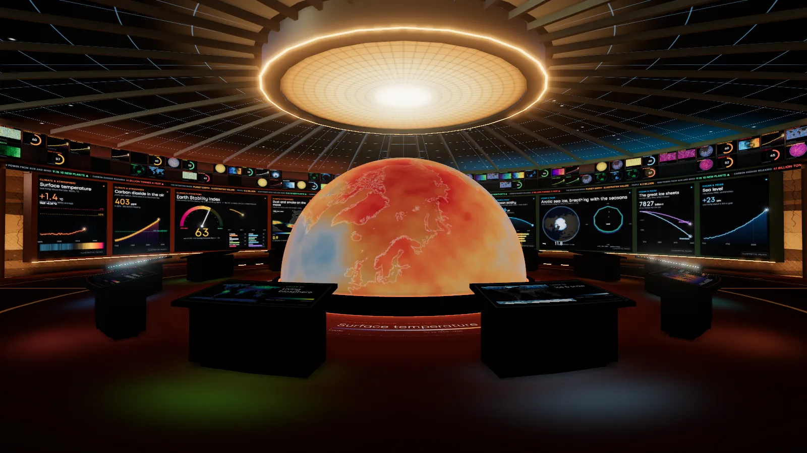 A round underground room ringed with glowing screens of maps and charts, a softly lit globe on the floor at its centre, consoles round it.