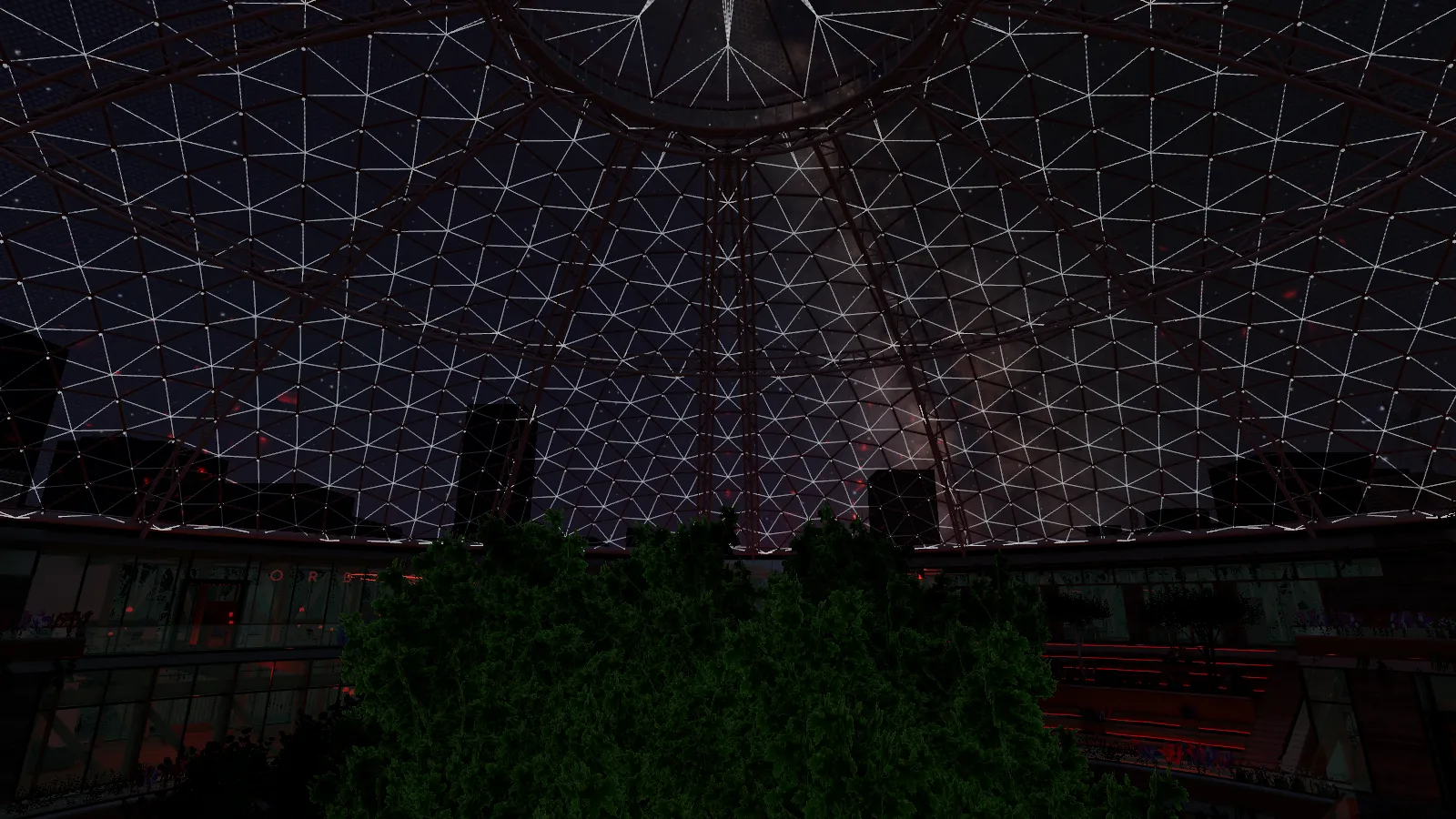 The Milky Way through the lattice of the winter roof, over the darkened court and the tops of the trees.