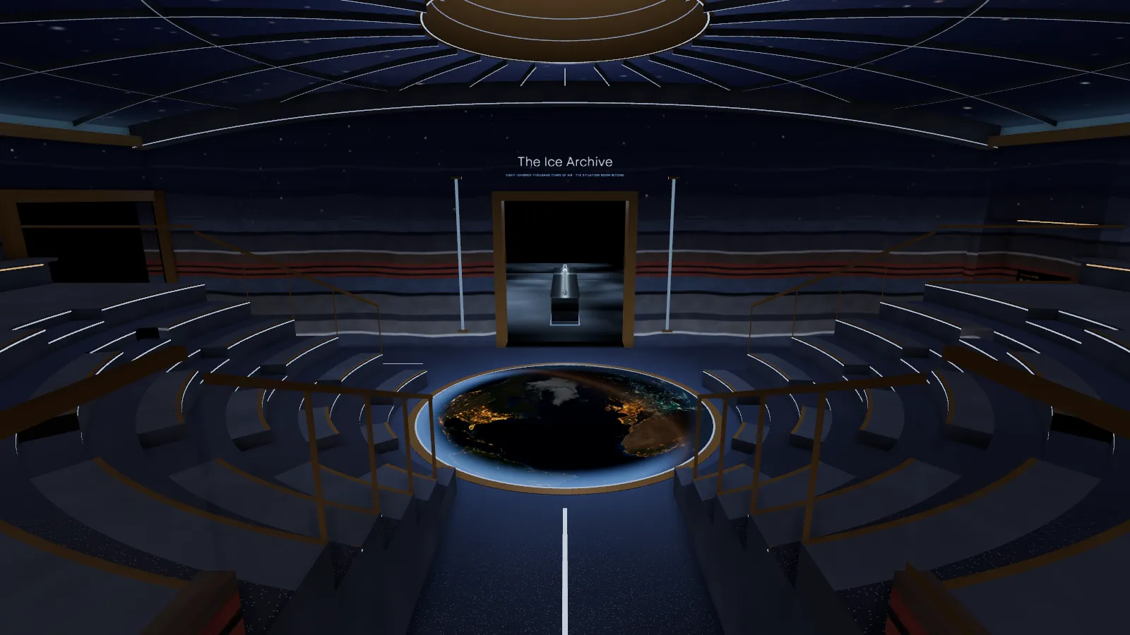 An underground theatre of dark stone tiers converging on a round floor where a glowing Earth lies under glass, beneath a vault of stars.