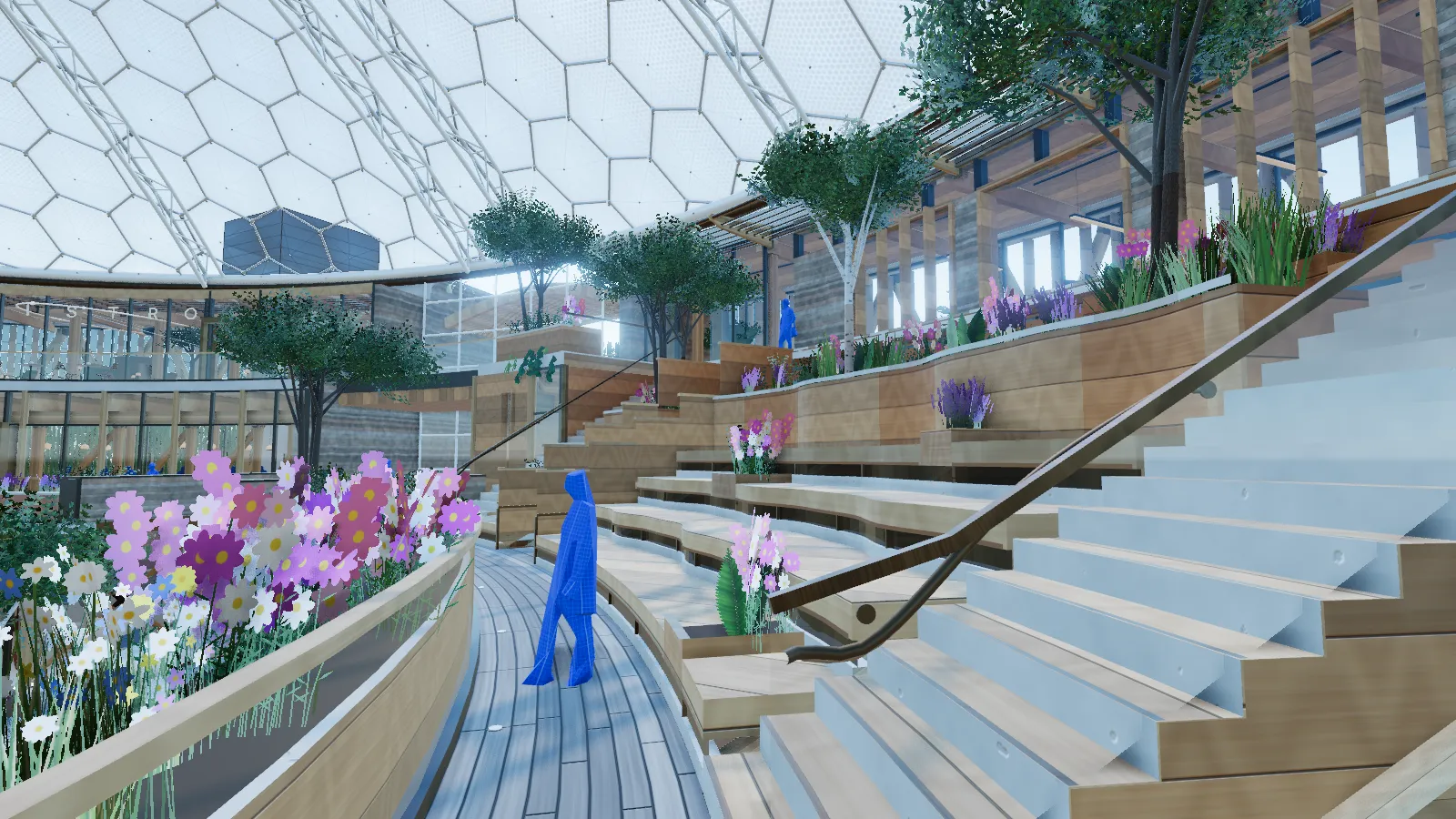 Wide timber seat rows with planted bands climb between two stairs, the court and its canopy beyond.