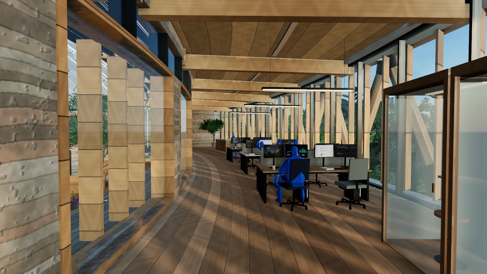 Open-plan research studios with desks, monitors showing maps and charts, and light through tall windows.