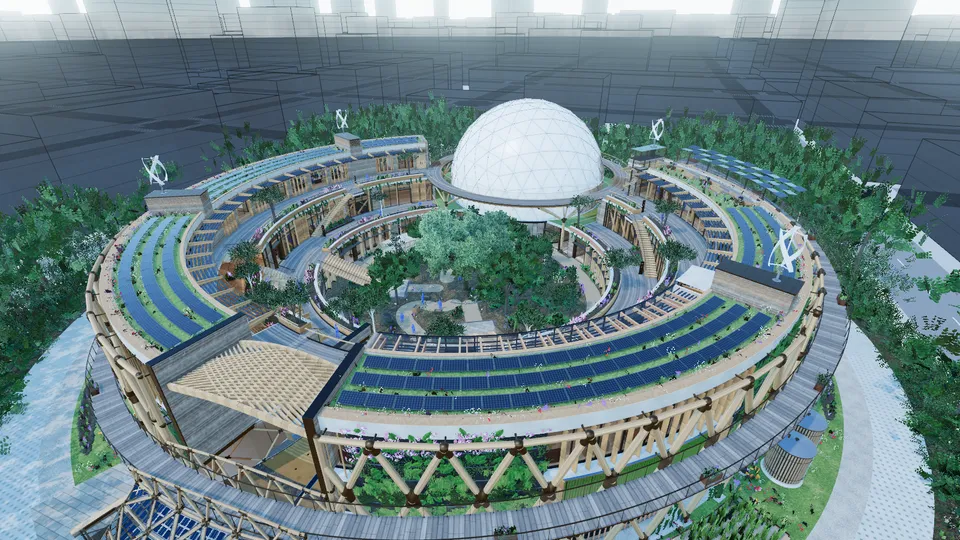The Centre in a temperate city: the terraced ring and its forest court open to the sky, the dome at its far side, a leafy forest all round.