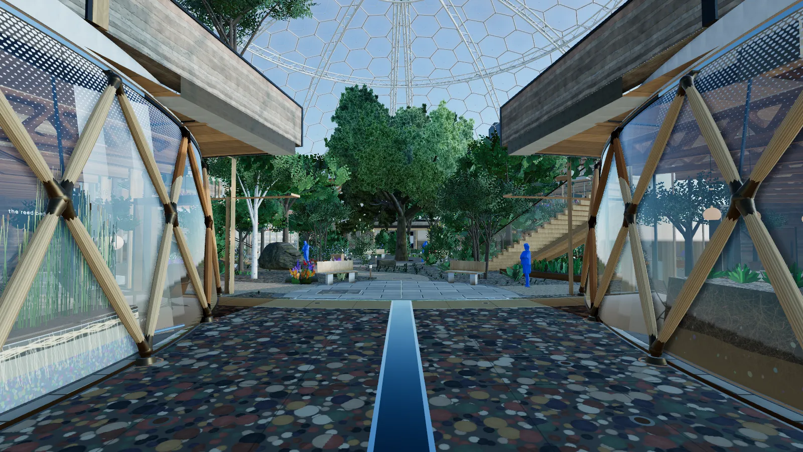 A passage between two leaning glass walls framed by a timber diagrid; bands of stone in the floor run toward the court.