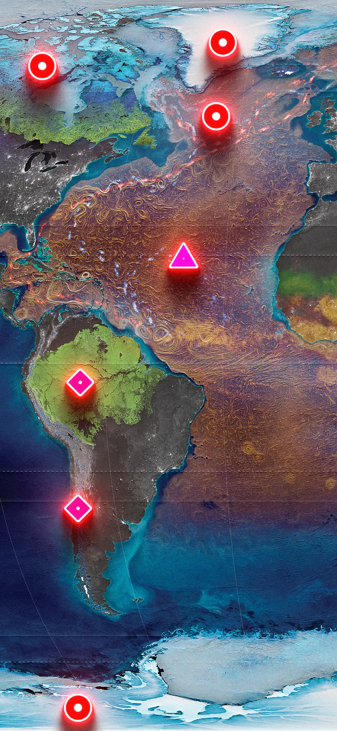 A world map with glowing red markers pinned on the major climate tipping systems