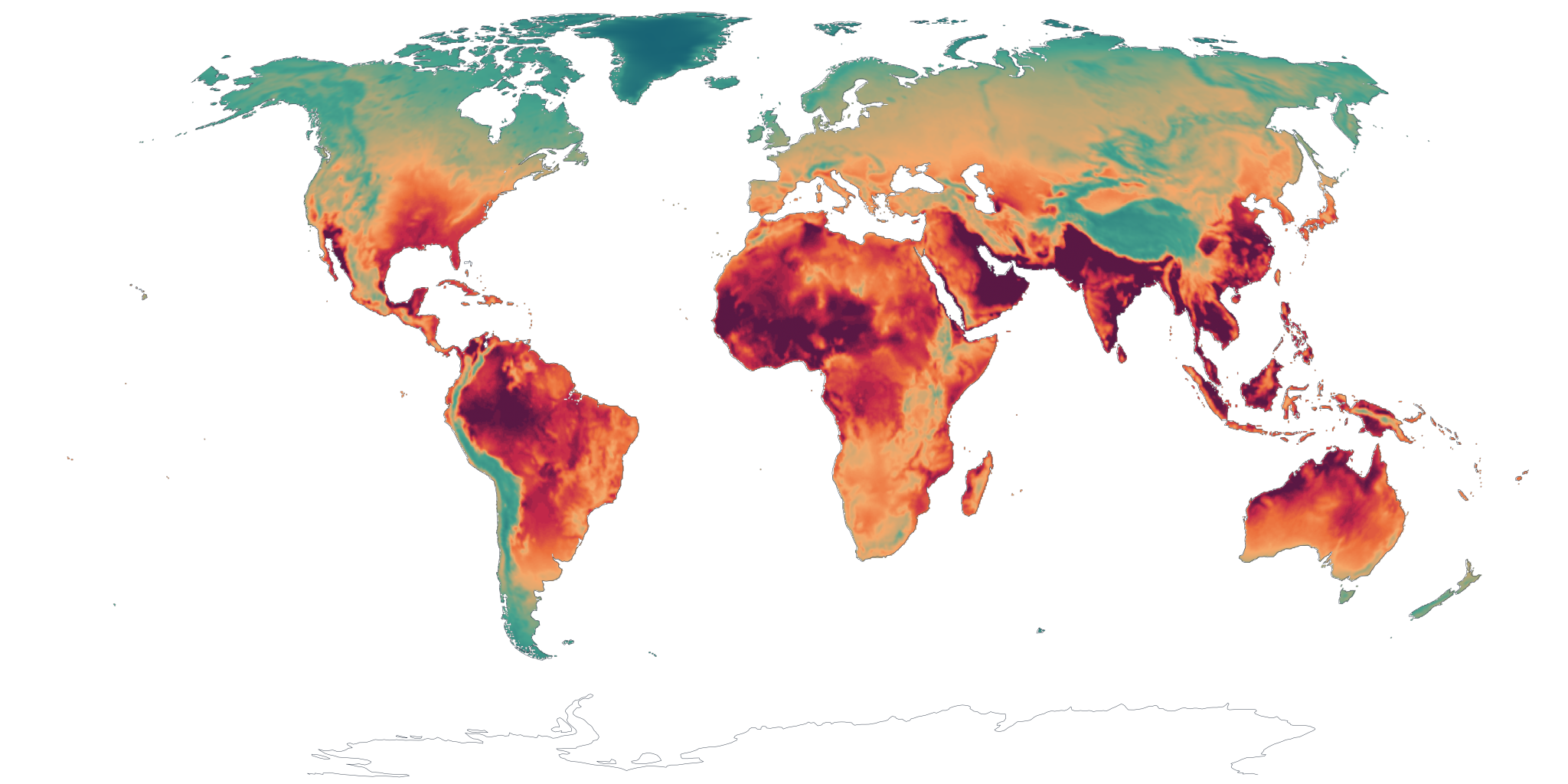 Global map of peak-month 95th-percentile wet-bulb globe temperature, 1994–2023. The Persian Gulf, the Indus Valley, the Sahel, equatorial West Africa, the Amazon, and maritime Southeast Asia register the deepest crimson and indigo bands of extreme heat stress.