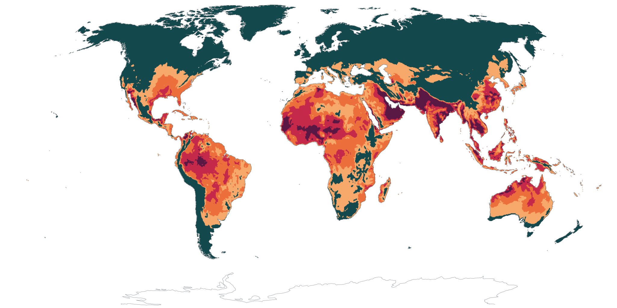 Global map of peak-month 95th-percentile wet-bulb globe temperature, 1994–2023. The Persian Gulf, the Indus Valley, the Sahel, equatorial West Africa, the Amazon, and maritime Southeast Asia register the deepest crimson and indigo bands of extreme heat stress.