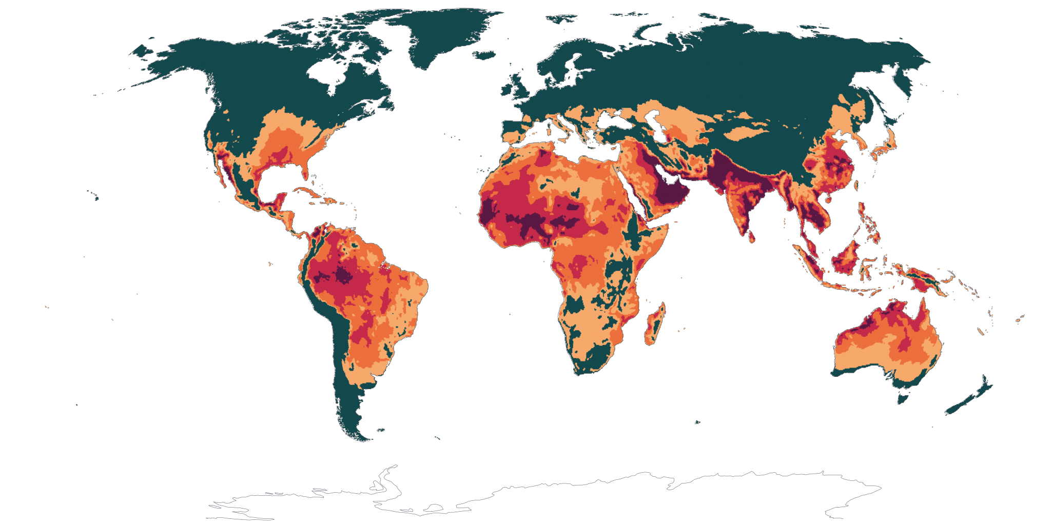 Global map of peak-month 95th-percentile wet-bulb globe temperature, 1994–2023. The Persian Gulf, the Indus Valley, the Sahel, equatorial West Africa, the Amazon, and maritime Southeast Asia register the deepest crimson and indigo bands of extreme heat stress.